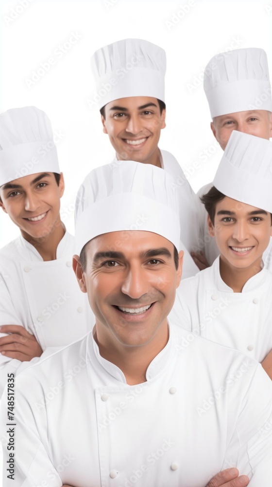 Professional Team of Smiling Chefs in White Uniforms, Group of Culinary Experts