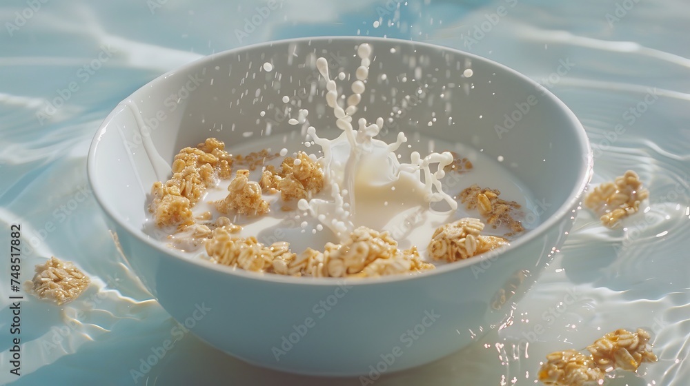 white ceramic bowl sits on a table, overflowing with colorful cereal pieces as they cascade from a blue carton white ceramic bowl sits on a table, overflowing with colorful cereal pieces as they cascade from a blue carton