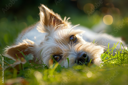 A small dog lies on the green grass, in the rays of the sun.