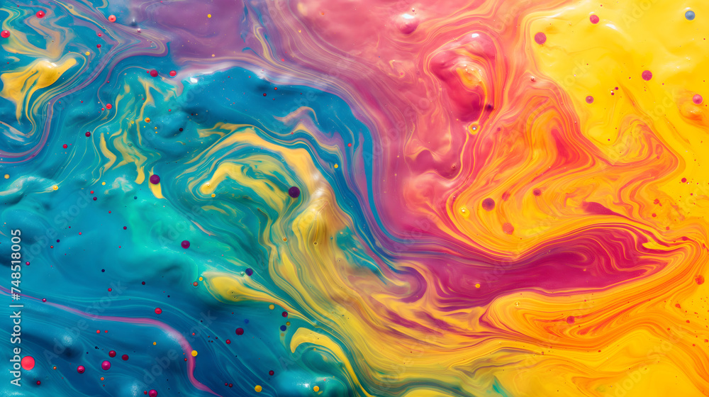 Abstract vibrant swirls dynamic background in colorful rainbow colors. Macro shot of vivid matt fluid.