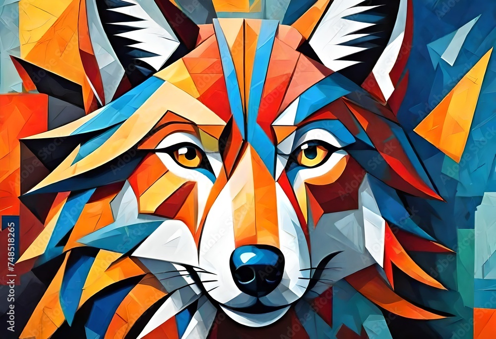 a cubist style, art deco, abstract painting of a wolf canine. Bright colors. a cubist style, art deco, abstract painting of a wolf canine. Bright colors.
