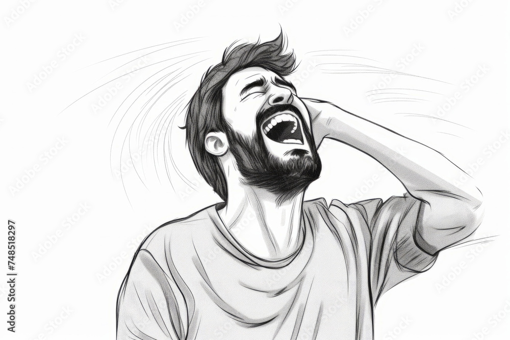 The black and white drawing depicts a man throwing his head back in