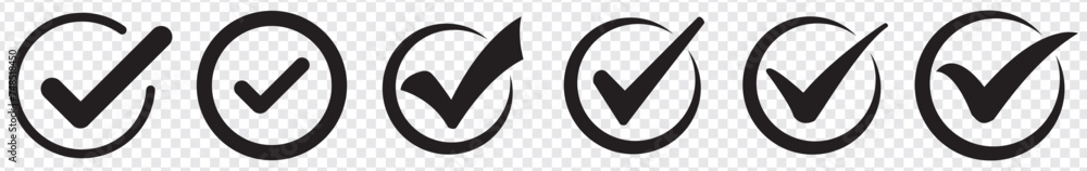 black check mark icon set isolated on white background. circle tick ...