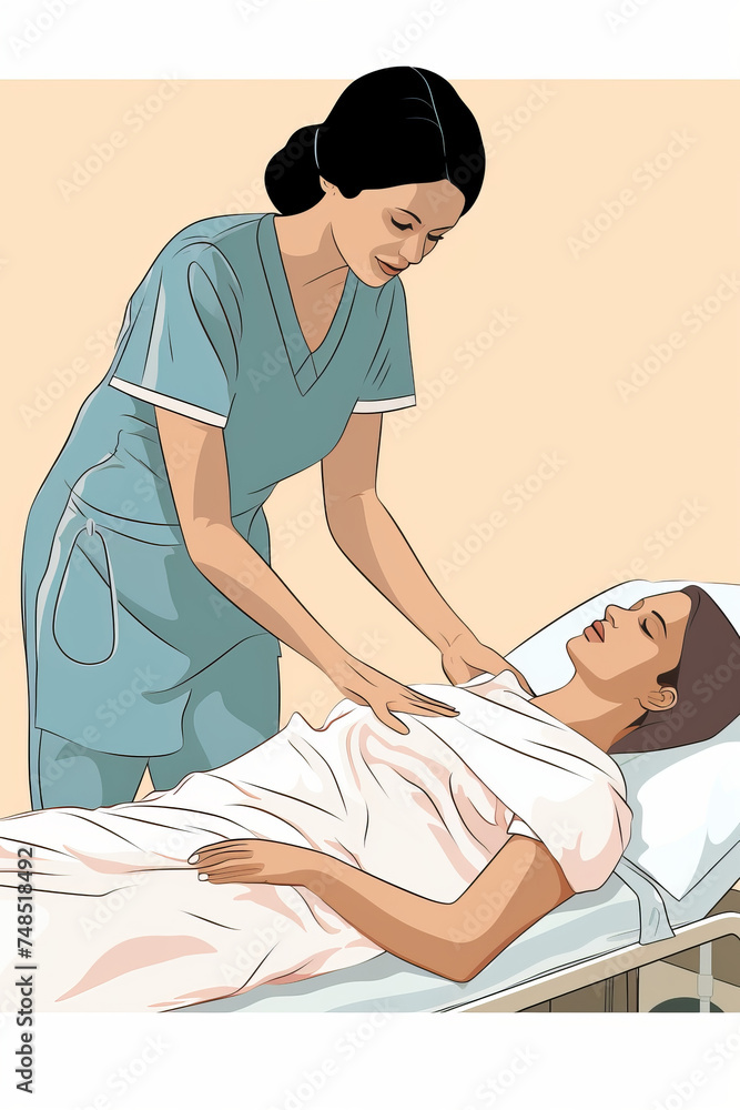Obraz premium A nurse is providing care and assistance to a woman lying in a hospital bed. The nurse can be seen monitoring the patients condition and providing comfort and support
