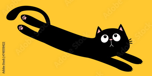 Cute kawaii chilling black cat head face, paw print. Lying kitten. Long body. Greeting card, banner, sticker print. Cartoon baby pet character. Happy Halloween. Flat design. Yellow background. © worldofvector