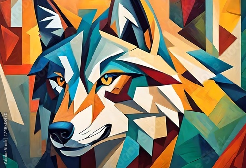 a cubist style, art deco, abstract painting of a  wolf canine. Bright colors. © freelanceartist