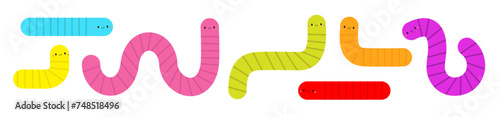 Worm insect icon set. Colorful bright earthworm. Cartoon funny kawaii baby animal character. Smiling face. Cute crawling bug collection. Geometric line shape. Flat design. White background. Isolated