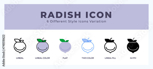 Radish icon set with different styles. Vector illustration.