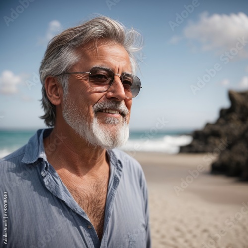 a close up of a handsome older man in beachy clothing, digital art