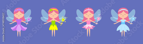 Fairy little princess with wings. Paper doll set line. Different flower dress set. Hair decoration, magic wand. Cute cartoon kawaii funny magic character. Flat design. Violet background. Isolated.