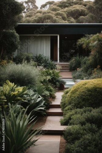 A lush australian garden with a minimalist home in the background