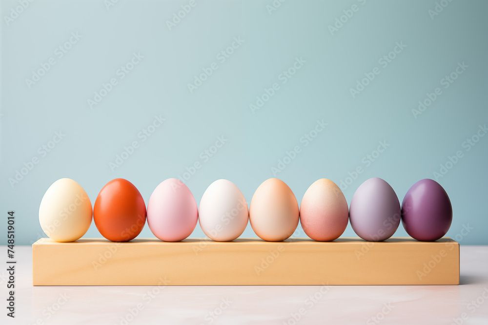ligne d'œufs sur un présentoir colorés à l'encre pour préparer les œufs décorés de Pâques. vieille tradition de la fin du carême chrétien. Fond bleu avec espace négatif pour texte copyspace - obrazy, fototapety, plakaty 