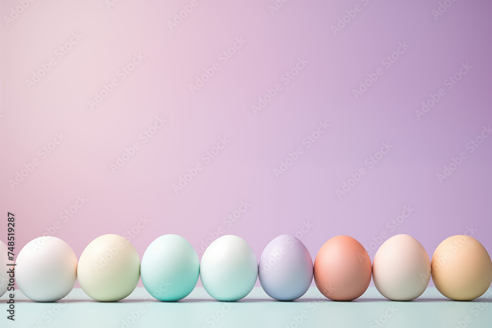 ligne d'œufs délicatement colorés à l'encre pour préparer les œufs décorés de Pâques. vieille tradition de la fin du carême chrétien. Fond violet et vert avec espace négatif pour texte copyspace - obrazy, fototapety, plakaty 