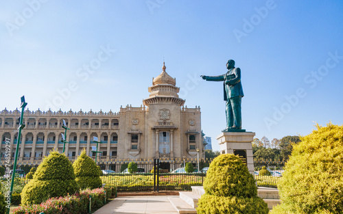 Statue of B. R. Ambedkar with constitution of India in Vidhana Soudha, building in Bangalore, India which serves as the seat of the state legislature of Karnataka, India