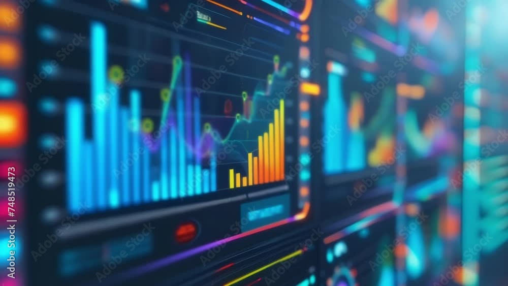 A detailed shot of a computer screen filled with colorful bar graphs ...