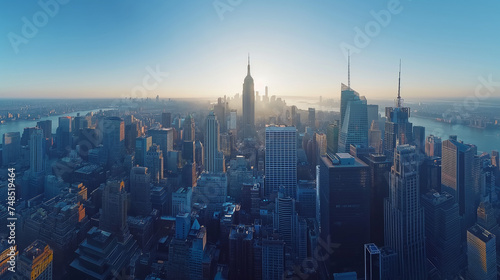 A dynamic aerial view of a bustling urban cityscape, with skyscrapers reaching towards the sky. © KN Studio