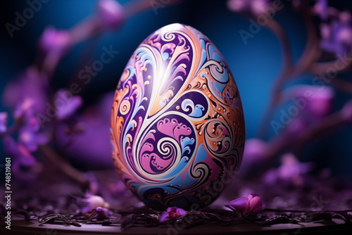 magnifique œuf de Pâques artistiquement décoré à la peinture, avec des motifs arabesques colorés, sur fond violet à discret motif floral photo