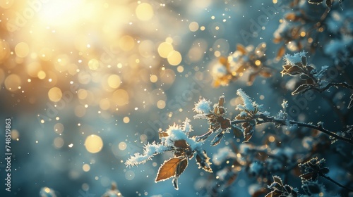 Depict the silent beauty of a winter landscape with nature bokeh, where light whispers through fros photo