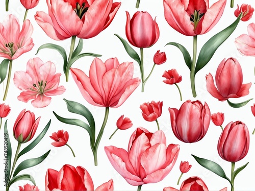 Pastel red tulips light watercolor design background in seamless repeating pattern from Generative AI
