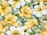 Pastel yellow flowers light watercolor design background in seamless repeating pattern from Generative AI
