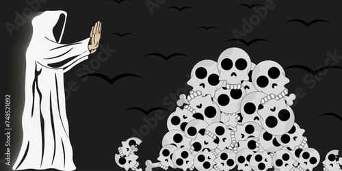 Holy man Stops the War. Person in a shroud and mountain skulls. The Apotheosis of War concept. Vector illustration can used web banner. EPS 10 Editable stroke