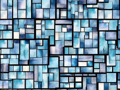 Abstract light pastel blue watercolor rectangles and squares painting design background in seamless repeating pattern from Generative AI