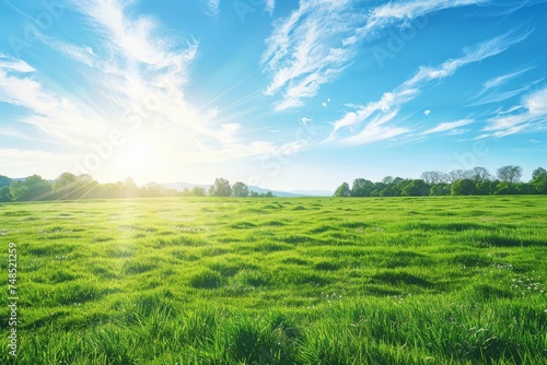 tranquil scene of a lush green field under a clear blue sky, bathed in the warm glow of the sun