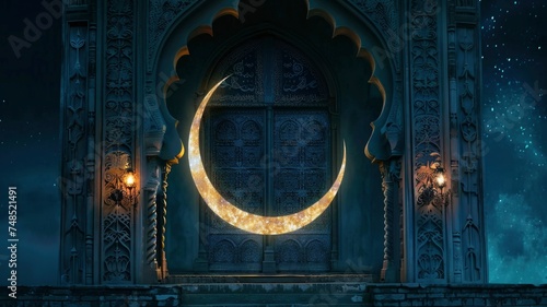 Ramadan Kareem background.Mosque window with shiny crescent moon - generative ai
