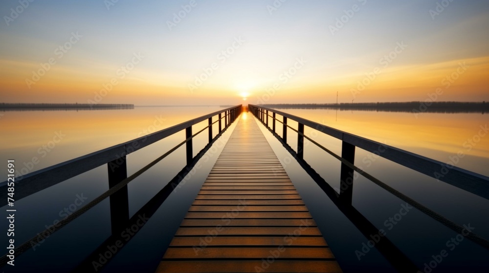Serene Sunrise at a Tranquil Lake with Wooden Jetty Leading to the Horizon