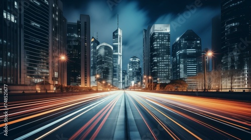 Futuristic Cityscape at Night with Dynamic Traffic Light Trails