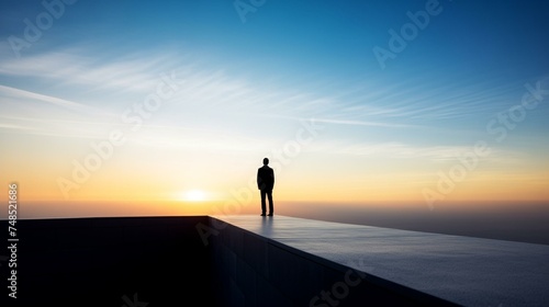 Businessman Contemplating Future Opportunities at Sunrise on Edge of Building
