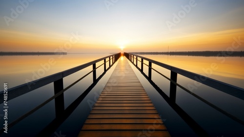 Serene Sunrise at a Tranquil Lake with Wooden Jetty Leading to the Horizon