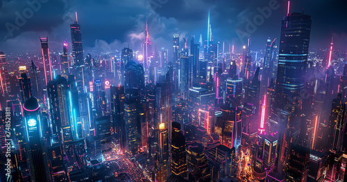 A sprawling metropolis at night, illuminated by the neon glow of futuristic skyscrapers, with sleek hovercars zooming through the air and drones zipping around delivering packages photo