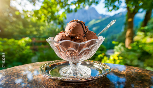 Chocolate flavored ice cream photographed inside a cafe surrounded by nature.