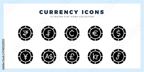 10 Currency Coin Glyph icon pack. vector illustration.