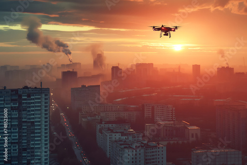 Copter drone over city at sunset or sunrise. Neural network generated image. Not based on any actual scene or pattern.