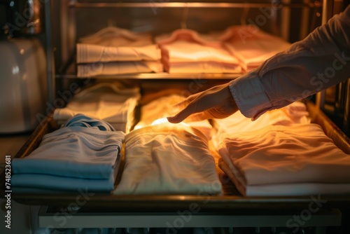 serene scene of domestic life, with a person meticulously folding laundry under the soft glow of a lamp