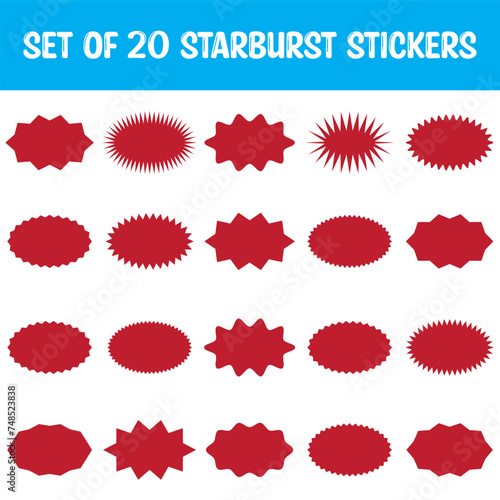 Starburst red sticker set  collection of special offer sale round and oval sunburst labels and buttons isolated on white background. Stickers and badges with star edges for promo advertising. vector 