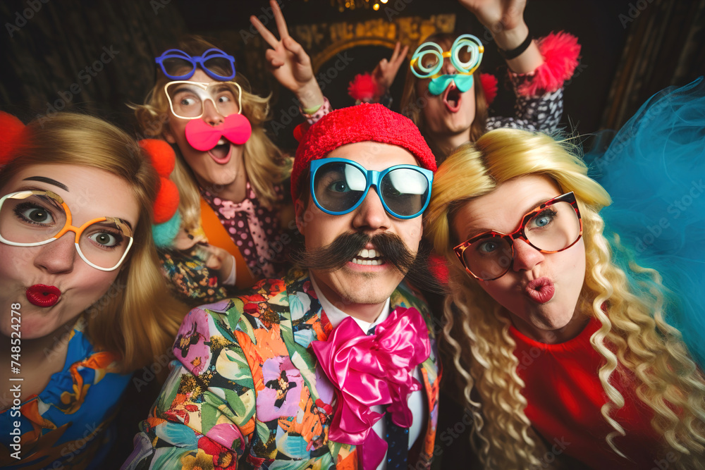 Fototapeta premium A group of young people take a picture at a party wearing fake mustaches, lips, big funny glasses. A colorful party with confetti and lots of balloons. Funny costumes.