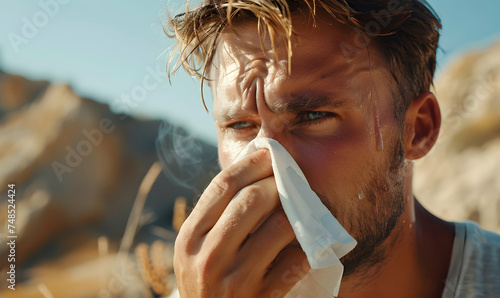 Handsome man in Frustrated unhealthy man suffers from allergic disorder, eyes start to water, has runny nose, holds handkerchief photo