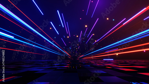 Fototapeta Naklejka Na Ścianę i Meble -  Futuristic technology neon light background, empty space with reflection light on floor scene, internet data network connection, abstract virtual reality, 3D render.