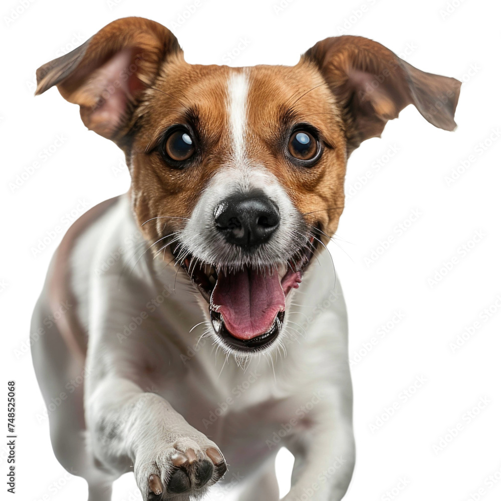 Exuberant Jack Russell Leap. Energetic Jack Russell Terrier mid-jump, mouth open in a playful bark, isolated on a pure white background with ample copy space.
