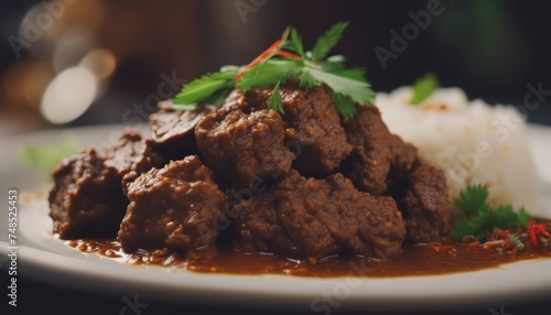 view of aesthetic beef rendang with some garnish on top image background