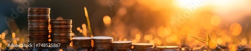 Witness the beauty of financial growth with this captivating image featuring several stacks of gleaming coins set against the backdrop of a stunning sunset. Symbolizing prosperity and achievement