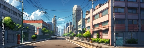 Wide angle animation anime panoramic landscape of a street in the city from Generative AI