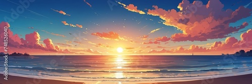 Wide angle animation anime panoramic landscape of beach in summer sunset from Generative AI