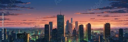Wide angle animation anime panoramic landscape of city skyline in evening from Generative AI