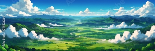 Wide angle animation anime panoramic landscape of clouds from above mountains at evening from Generative AI