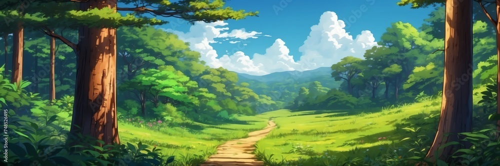 Wide angle animation anime panoramic landscape of forest from Generative AI