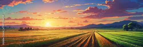 Wide angle animation anime panoramic landscape of farm lands in sunset from Generative AI